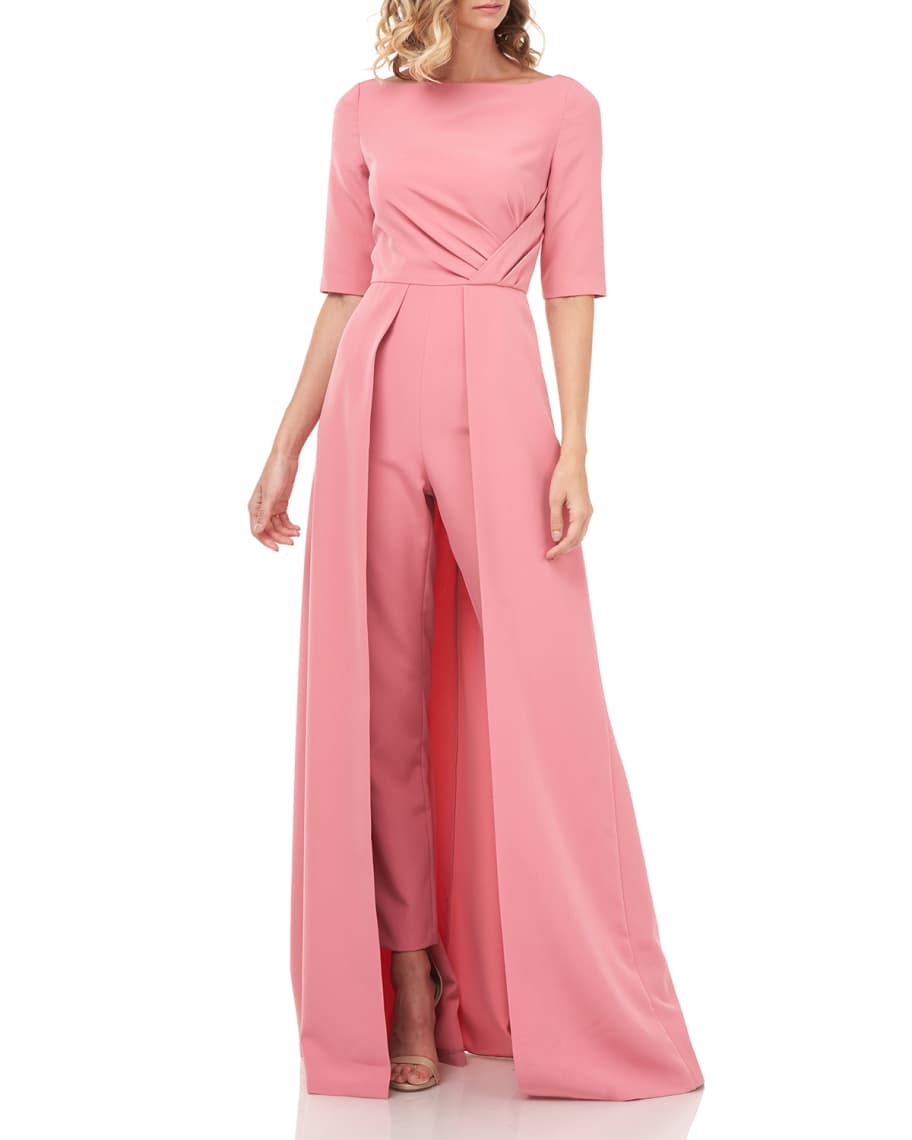 Kay Unger New York Natalie Boat-Neck Elbow-Sleeve Walk-Thru Jumpsuit ...