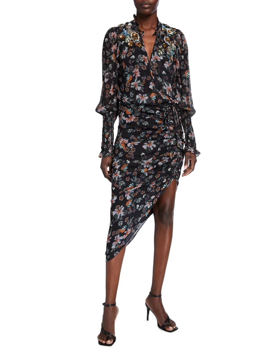 Veronica Beard Shaia Long-Sleeve Ruched Dress | Neiman Marcus