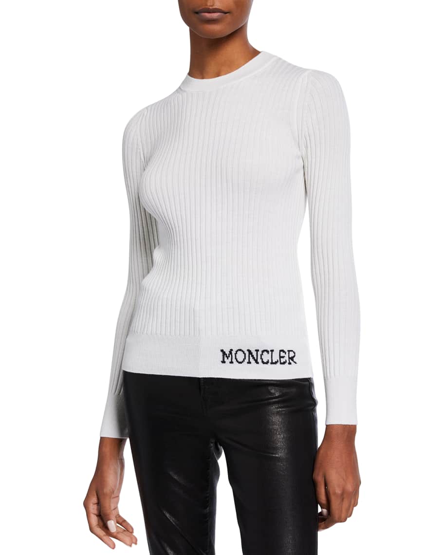 Moncler Ribbed Crewneck Logo Sweater | Neiman Marcus
