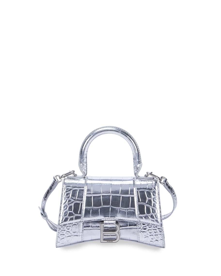 Hourglass XS Metallic Croc-Embossed Top-Handle Bag