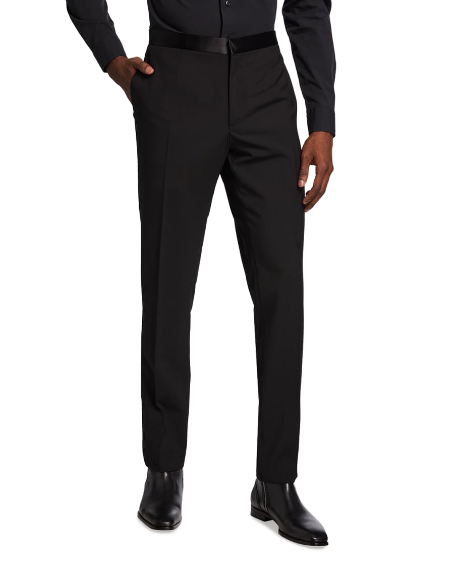 Men's Black, Pleated Front, Comfort-Waist Tuxedo Pants with Satin