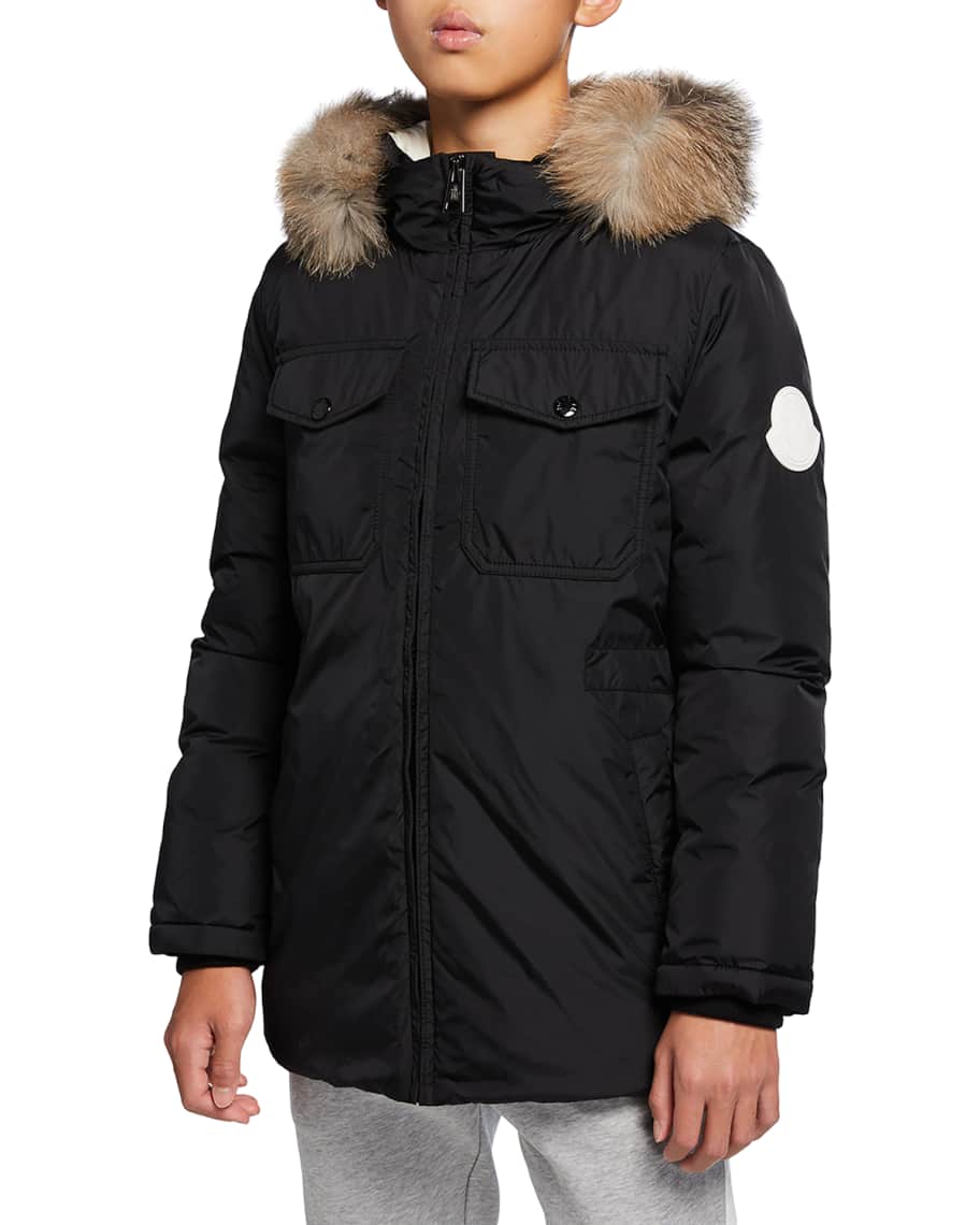 Moncler Boy's Menue Long Hooded Parka w/ Fur Trim, Size 4-8 | Neiman Marcus