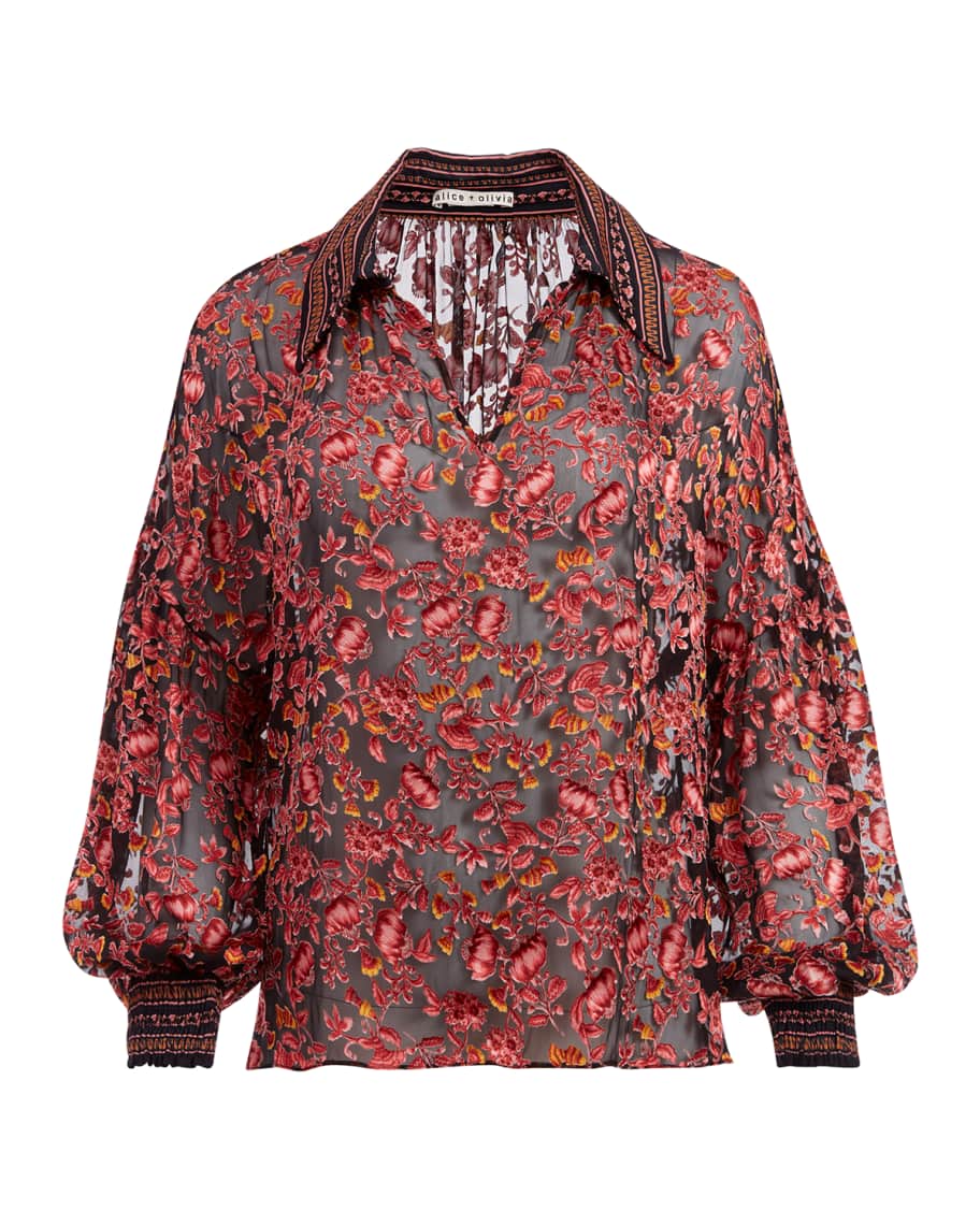 Alice + Olivia Desiree Collared Blouse with Smocked Cuffs | Neiman Marcus