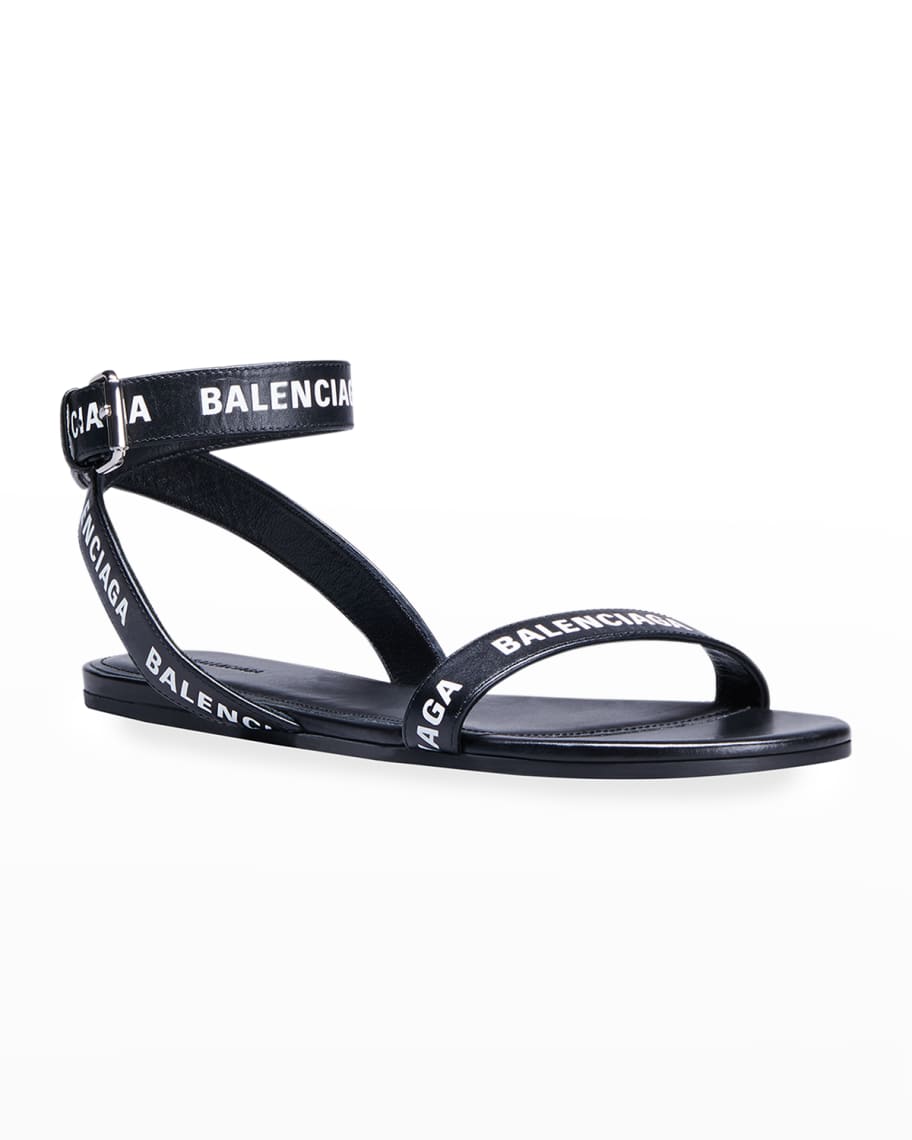 Balenciaga Logo Ankle-Strap Flat Sandals | Neiman Marcus