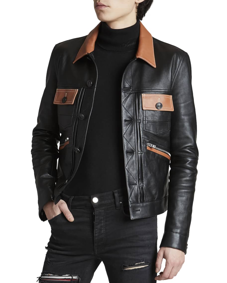 Amiri Men's Contrast Leather Trucker Jacket | Neiman Marcus