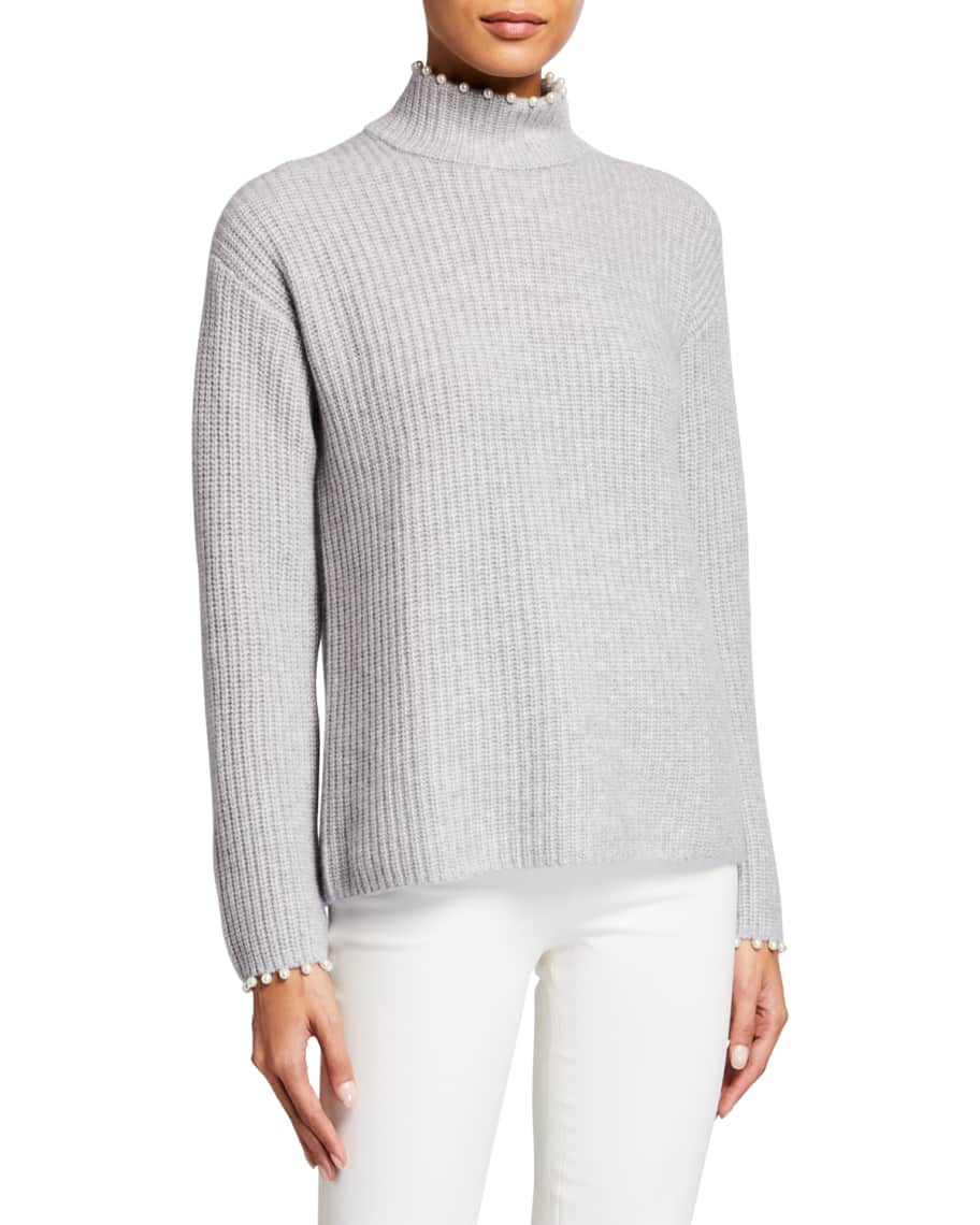 Neiman Marcus Cashmere Collection Pearl-Trimmed Cashmere Sweater ...