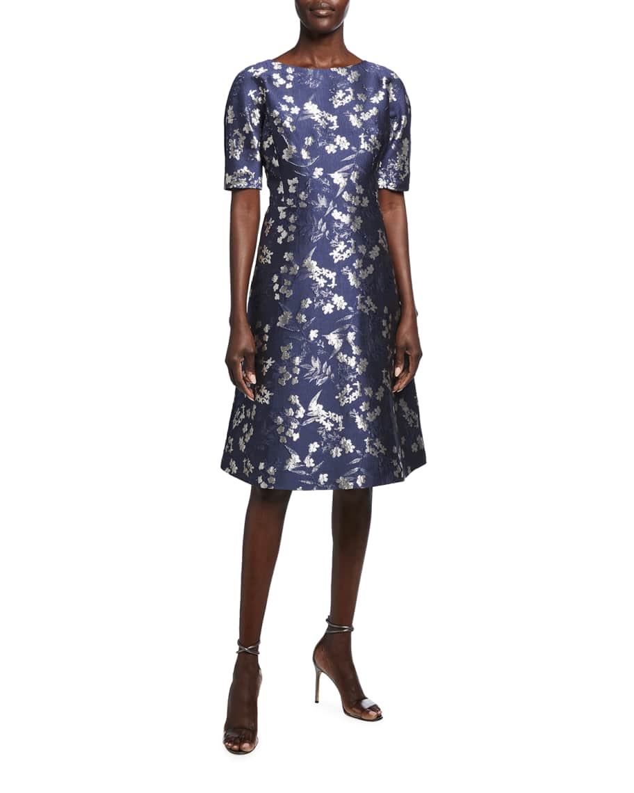Rickie Freeman for Teri Jon Floral Jacquard Short-Sleeve A-Line Dress ...
