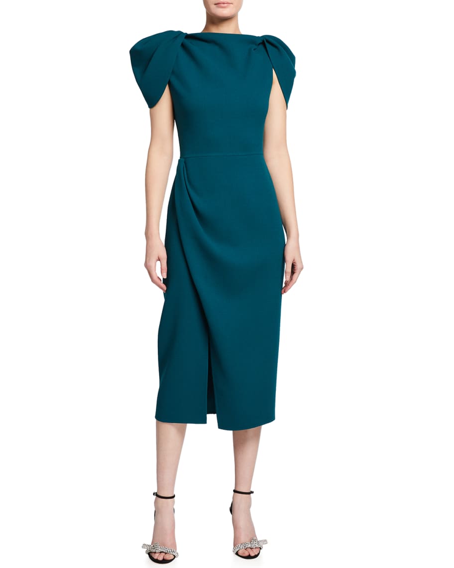 Oscar de la Renta Draped-Sleeve Slit Midi Day Dress | Neiman Marcus