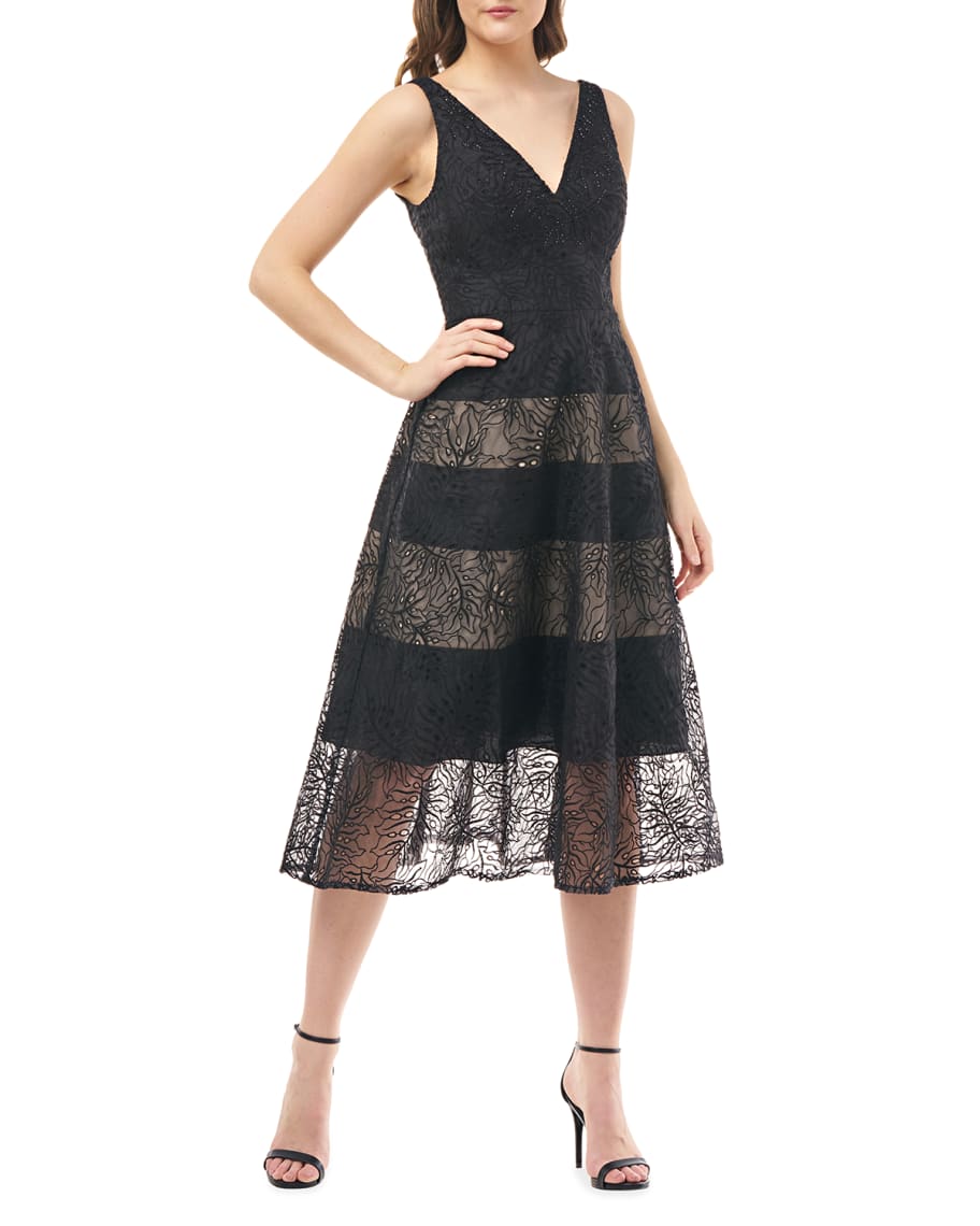 V Neck Sheer Eyelet Organza Dress
