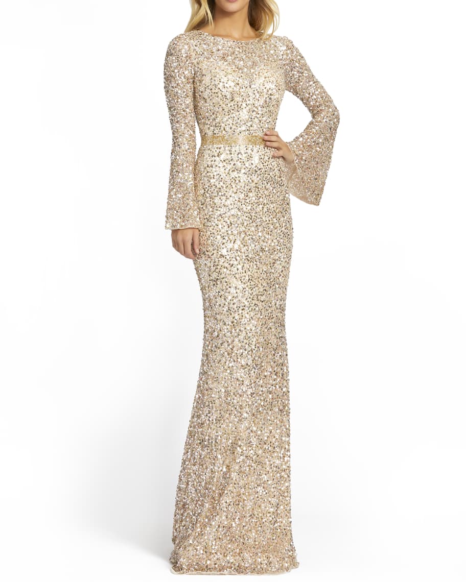 Image Of Long Bell Sleeve Sequin Column Gown