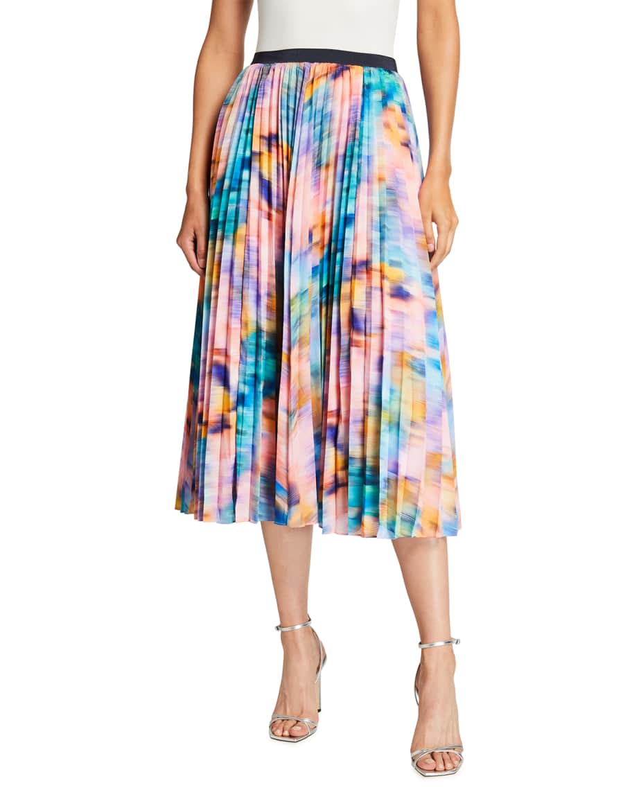 Tanya Taylor Primrose Rainbow-Print Pleated Skirt | Neiman Marcus
