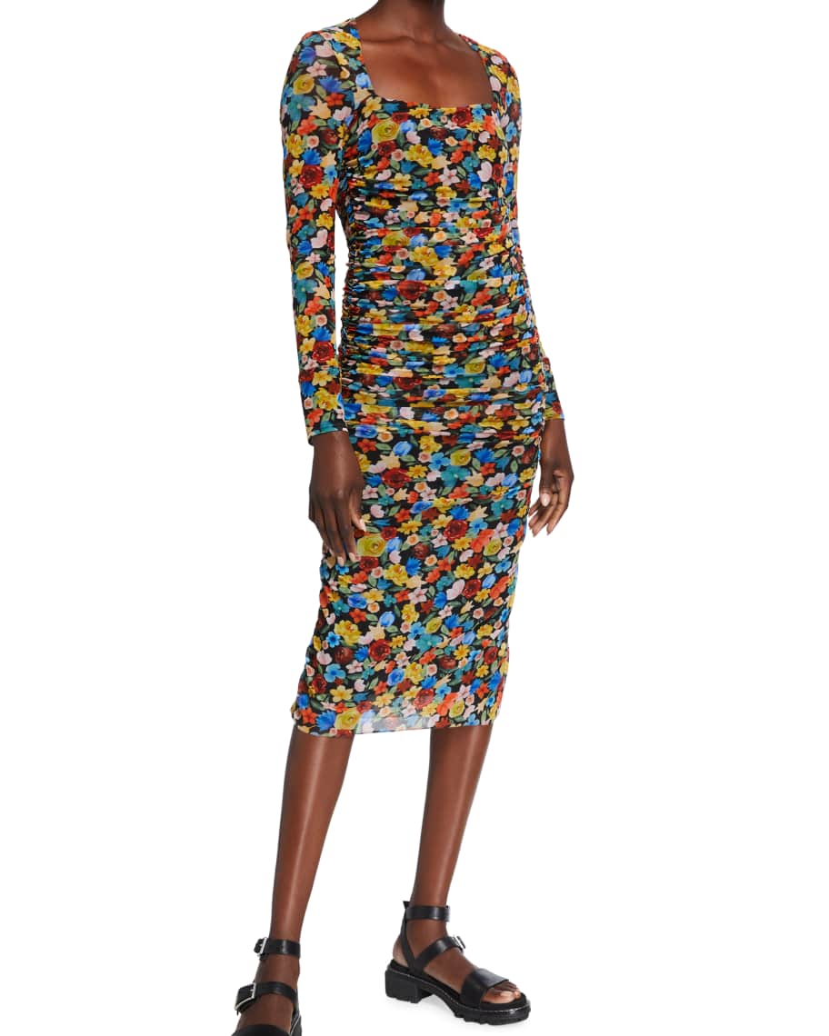 Ganni Floral Print Long Sleeve Shirred Mesh Dress Neiman Marcus