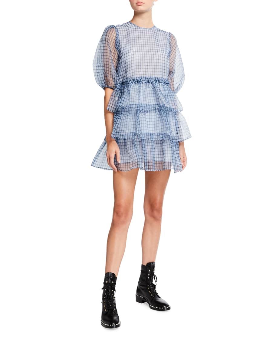 Image 1 of 2: Check Organza Puff-Sleeve Tiered Ruffle Mini Dress