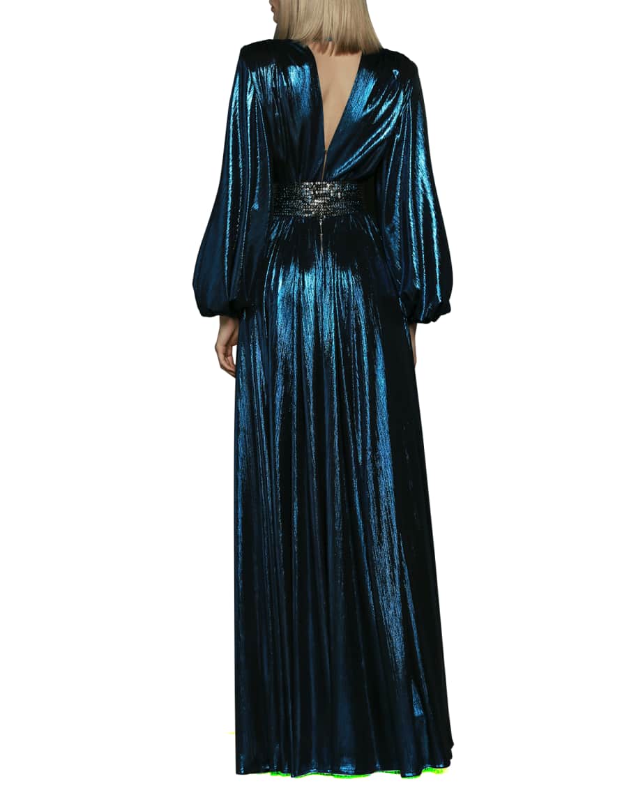 Bronx and Banco Plunge-Neck Balloon-Sleeve Lame Gown | Neiman Marcus
