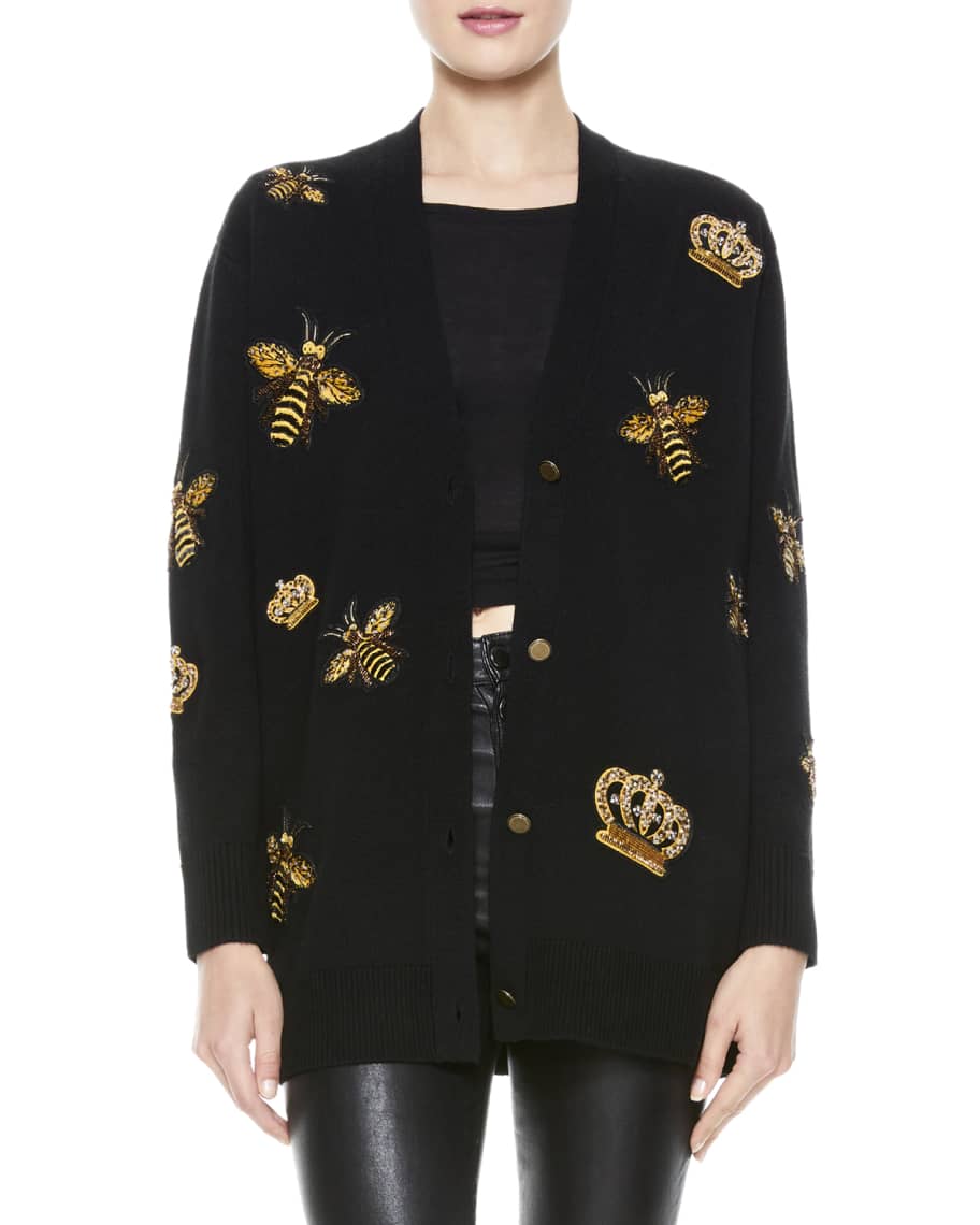 Alice + Olivia Black Tweed Bow Embellished Akira Cardigan