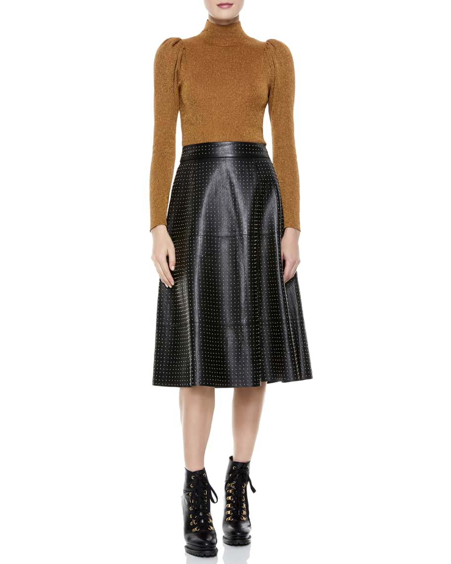 Alice + Olivia Sosie Studded Leather Midi Skirt | Neiman Marcus