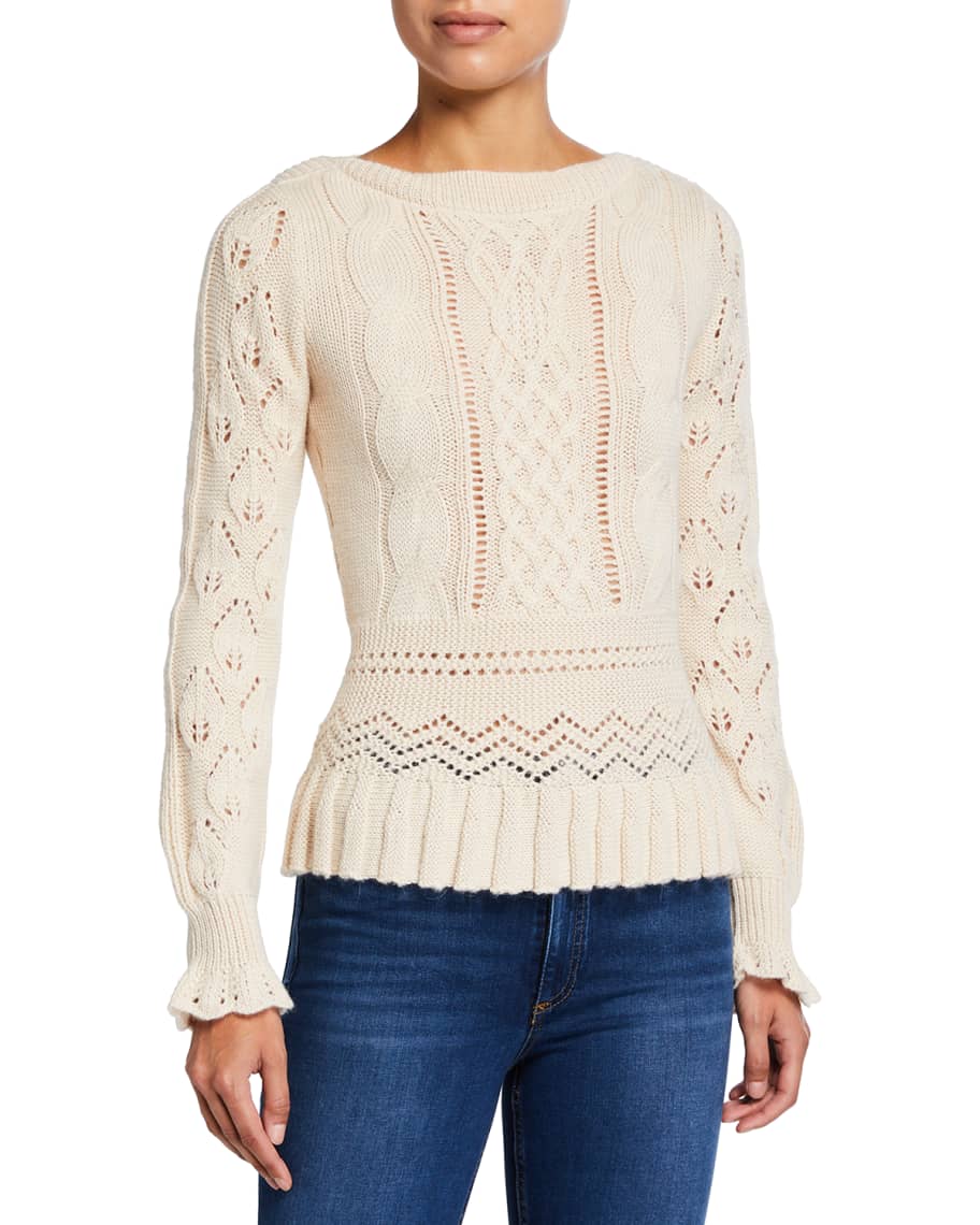 Alpaca Pointelle Sweater with Peplum Hem