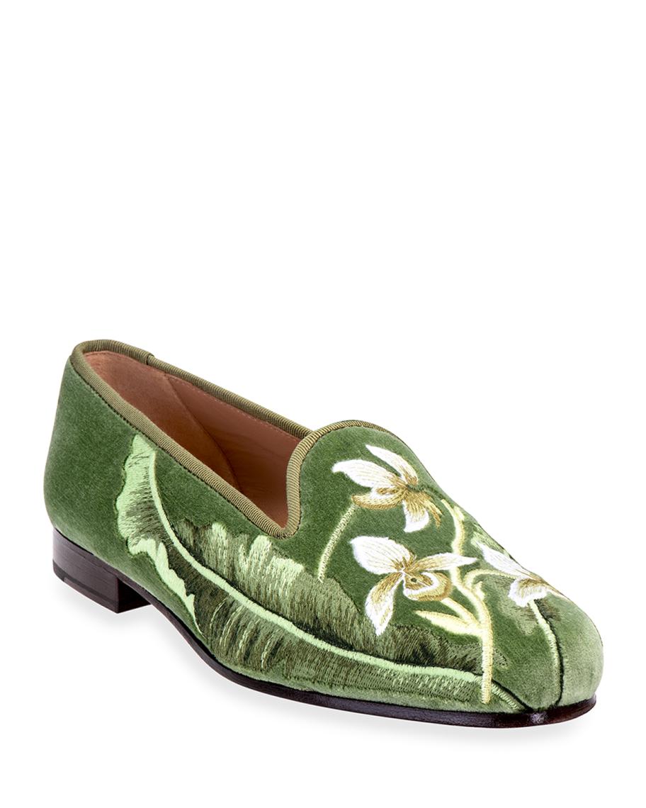 Stubbs and Wootton Fern Embroidered Velvet Smoking Slippers  display picture 3