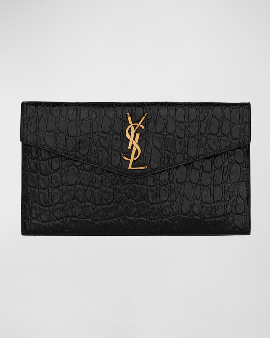 Saint Laurent Uptown Pouch Shiny Crocodile-Look Leather Black in