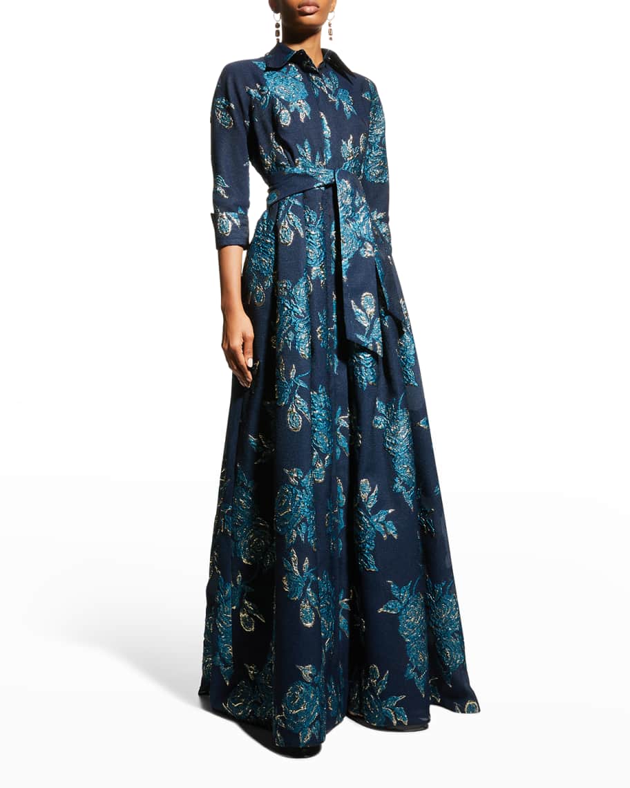 Rickie Freeman for Teri Jon Belted Jacquard Shirtdress Gown | Neiman Marcus