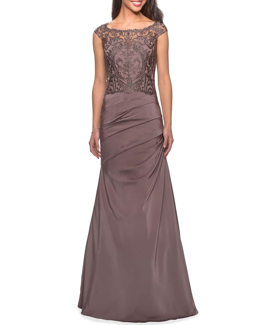 La Femme Beaded Lace-Bodice Cap-Sleeve Trumpet Gown | Neiman Marcus