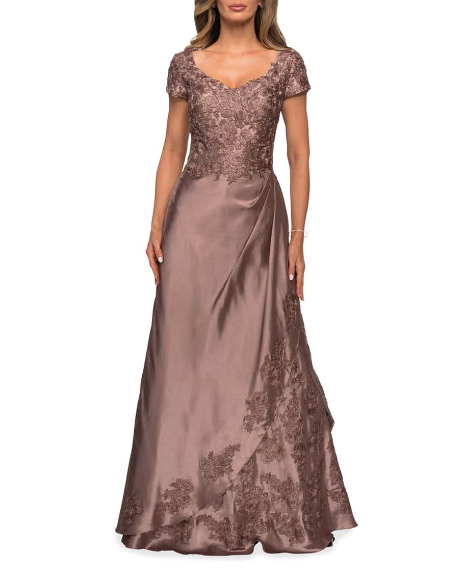 sequin lace and mikado high low hem gown with bow
