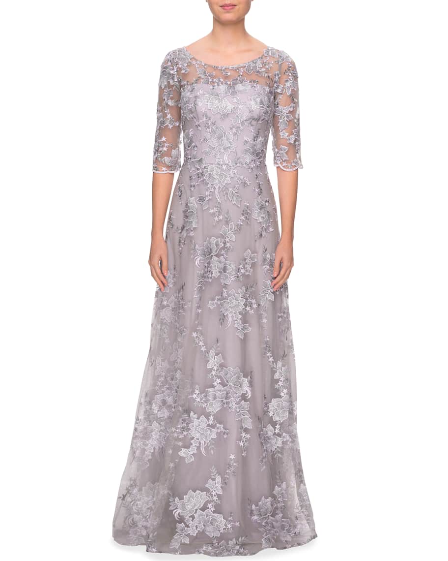 La Femme 3/4-Sleeve Floral Lace A-Line Gown | Neiman Marcus