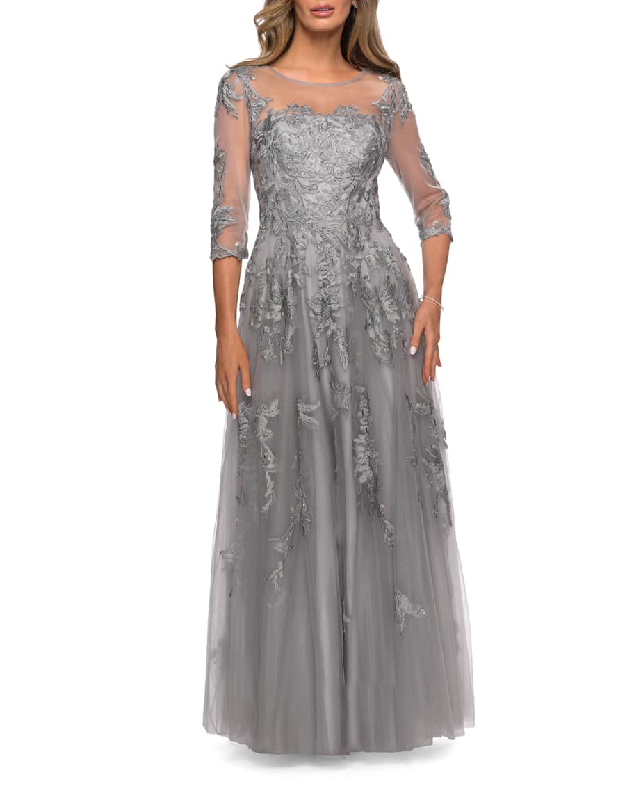 La Femme Lace Applique 3/4-Sleeve Tulle A-Line Gown | Neiman Marcus