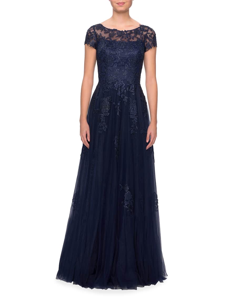 La Femme Lace Applique Tulle A-Line Gown | Neiman Marcus