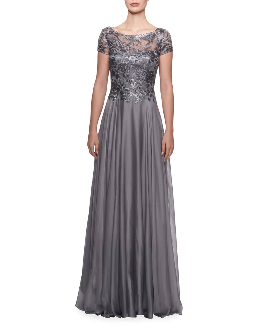 La Femme Cap-Sleeve Chiffon Gown with Metallic Lace Bodice | Neiman Marcus