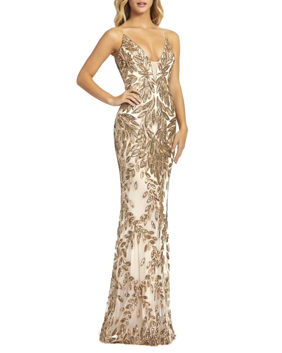 Mac Duggal Sequin Leaf Plunging Sheath Gown | Neiman Marcus