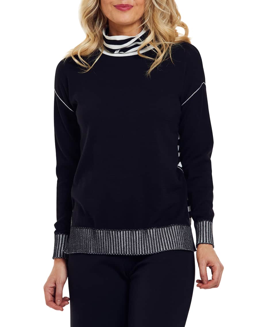 Joan Vass Plus Size Striped Mock-Neck Cotton Sweater | Neiman Marcus