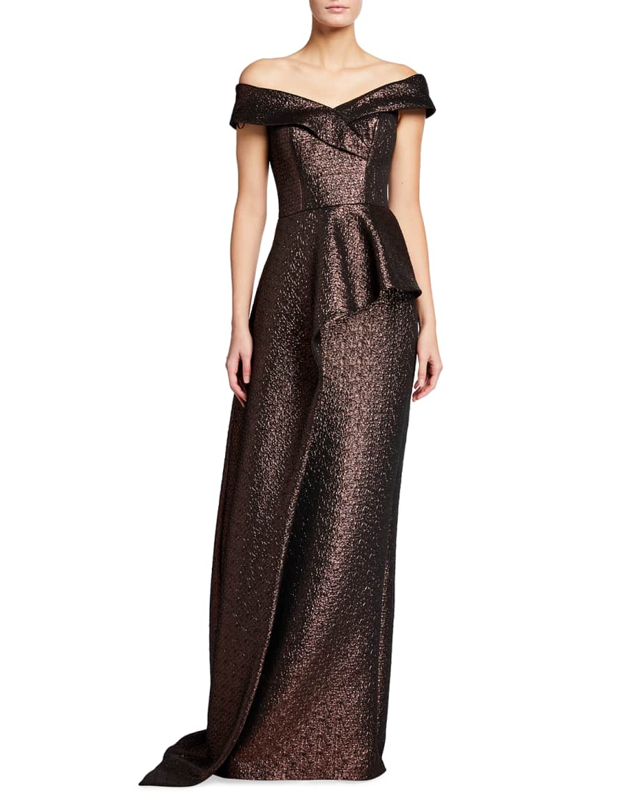 Rickie Freeman for Teri Jon Metallic Jacquard Off the Shoulder