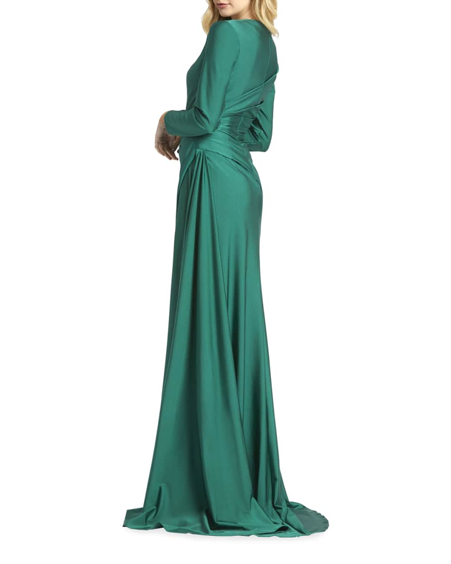 Ieena for Mac Duggal V-Neck Long-Sleeve Satin Wrap Gown | Neiman Marcus