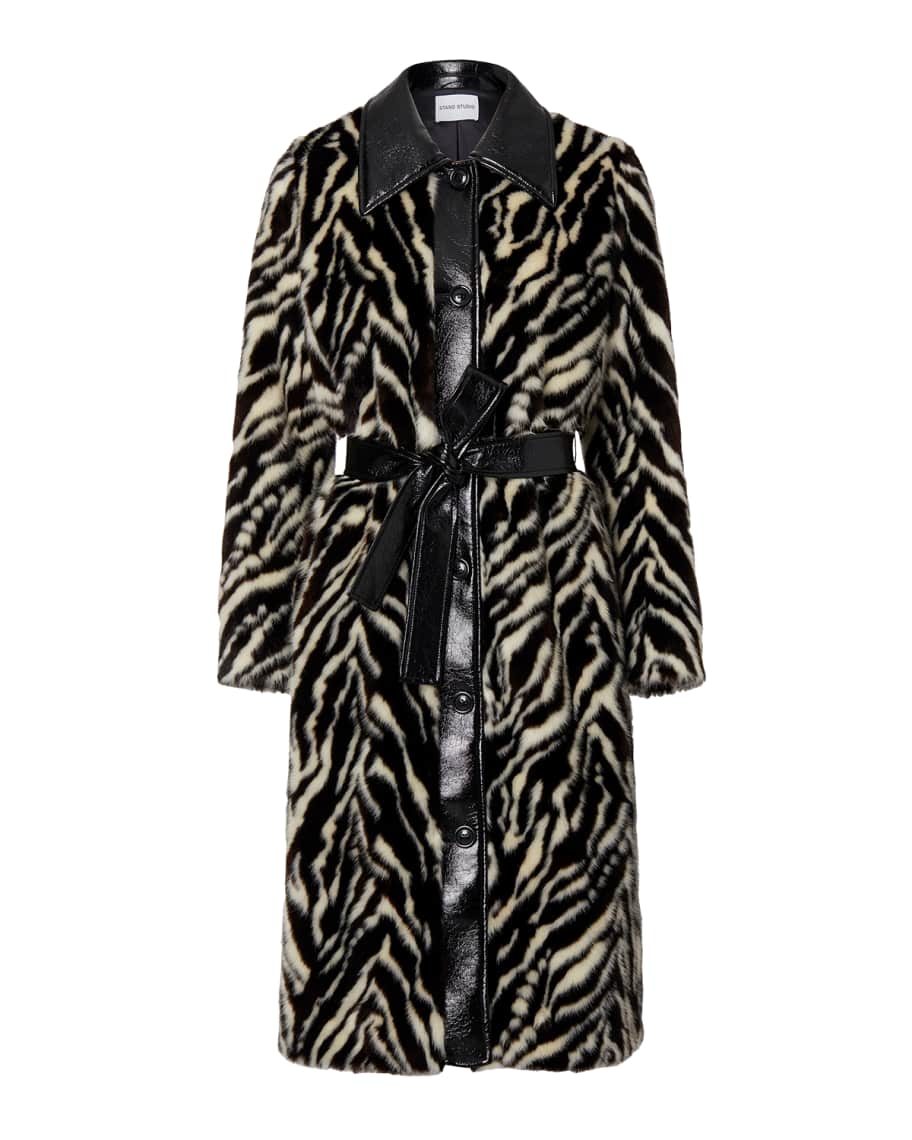 Stand Studio Aurora Faux Fur Zebra Self-Tie Coat | Neiman Marcus