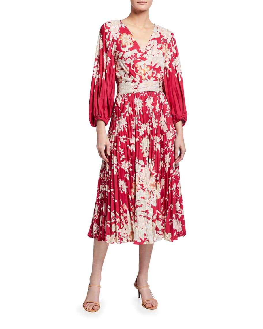 Kobi Halperin Ariella Floral Blouson-Sleeve Pleated Midi Dress | Neiman ...