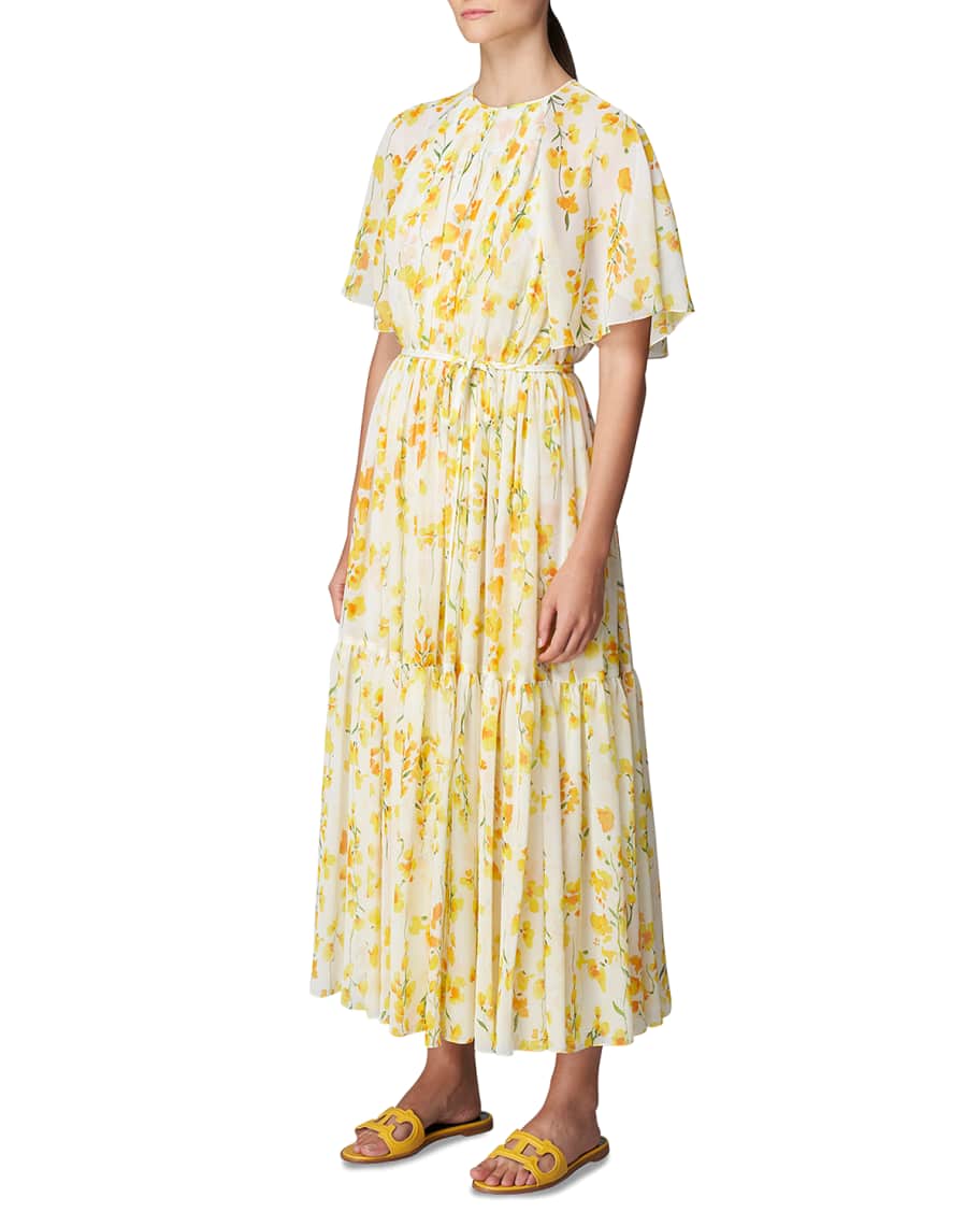 Carolina Herrera Floral-Print Self-Tie Silk Midi Dress | Neiman Marcus