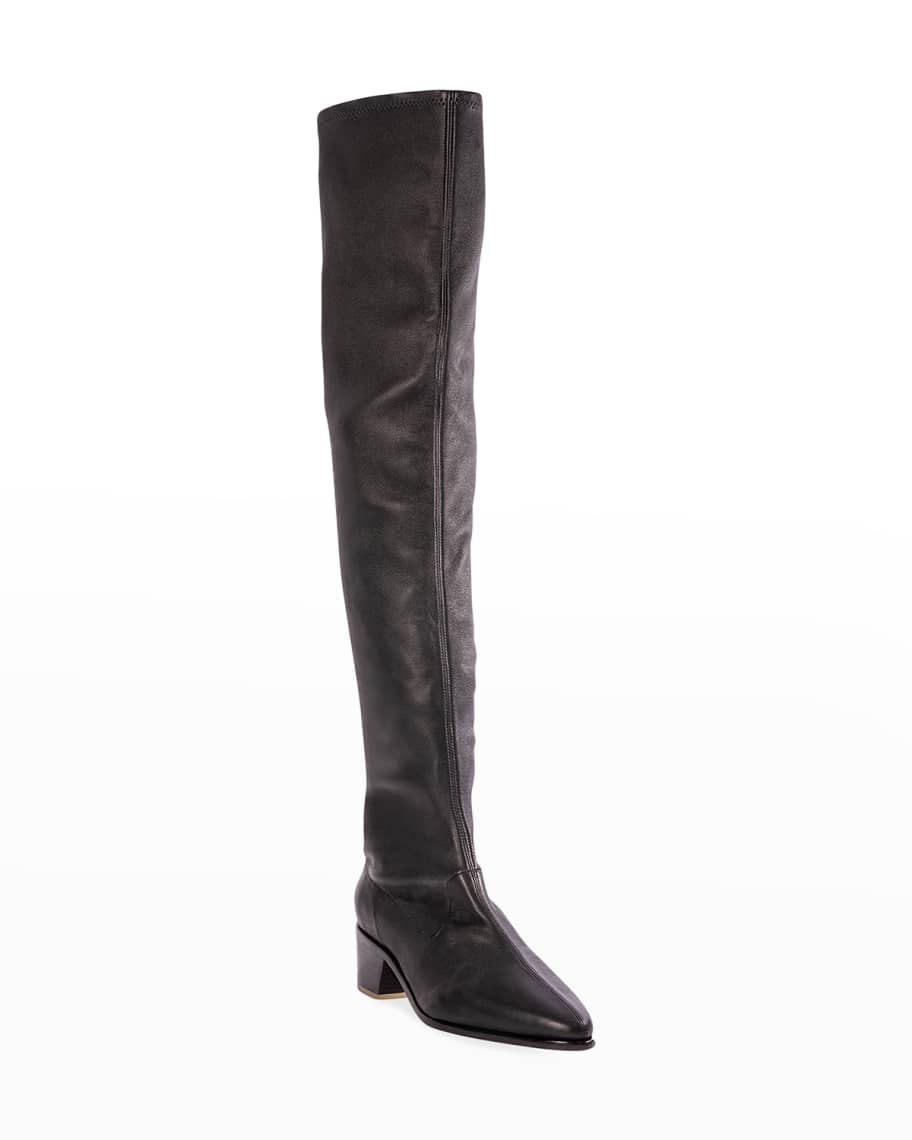 Black Suede Studio Amy Stretch Leather Thigh-High Boots | Neiman Marcus