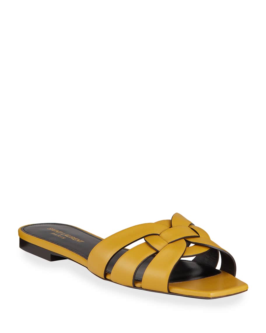 Saint Laurent Woven Leather Flat Slide Sandals | Neiman Marcus