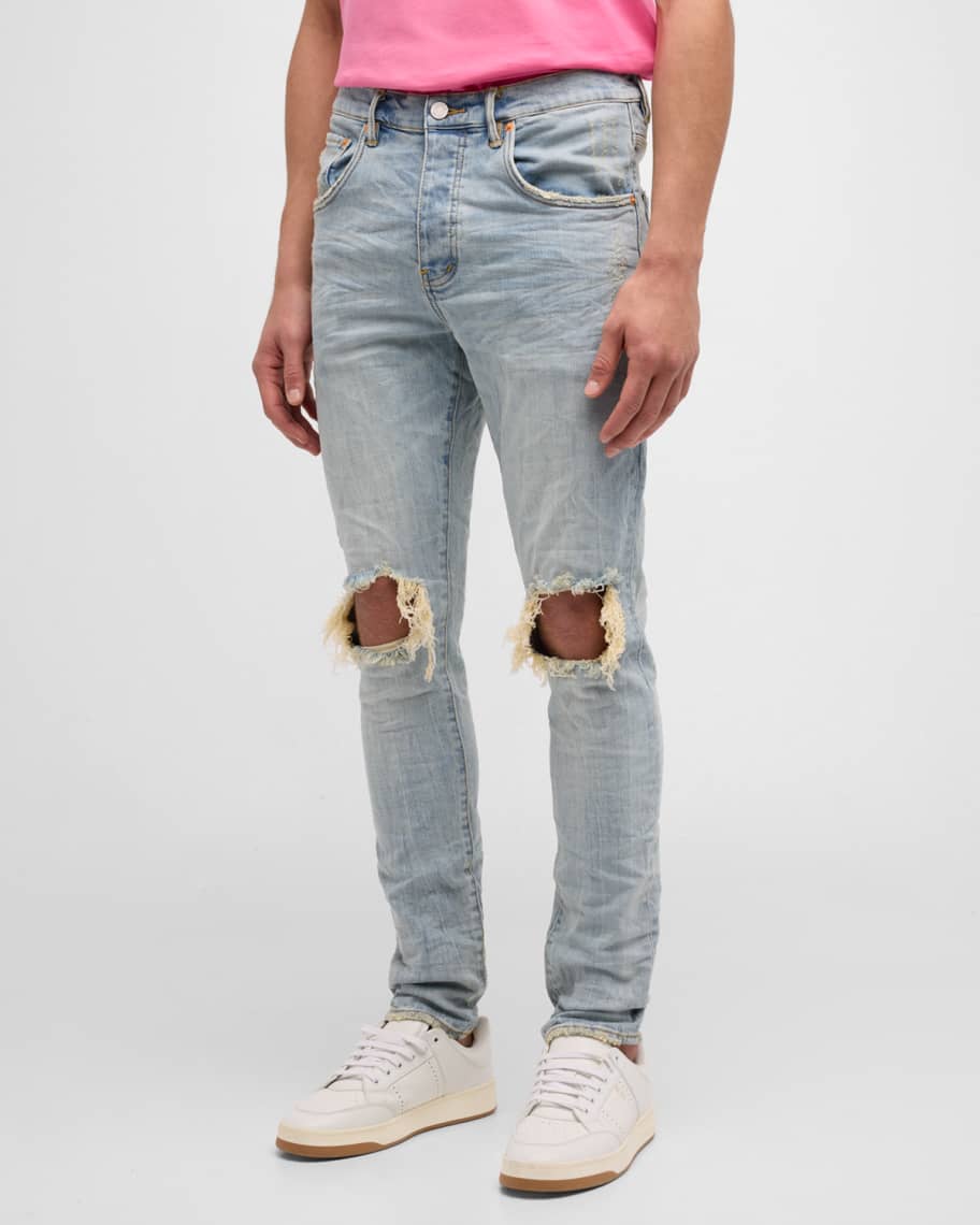 PURPLE Men's Distressed Light-Wash Skinny Denim Jeans | Neiman Marcus