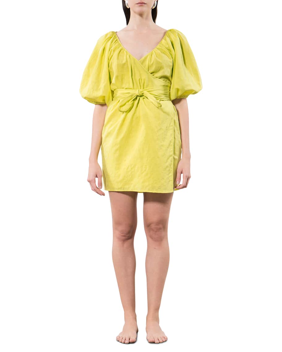 Mara Hoffman Coletta Puff-Sleeve Organic Cotton-Linen Mini Wrap Dress |  Neiman Marcus