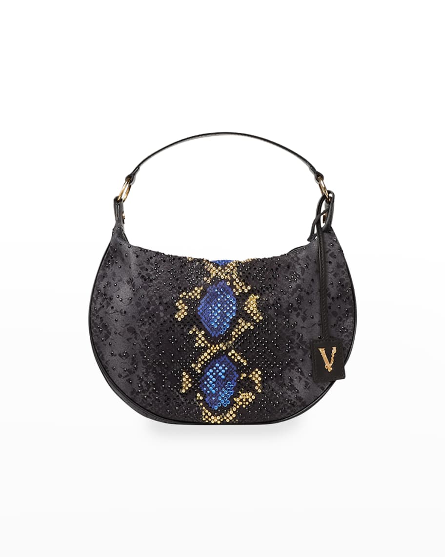 Versace Embellished Dark-Wash Denim Hobo Bag | Neiman Marcus