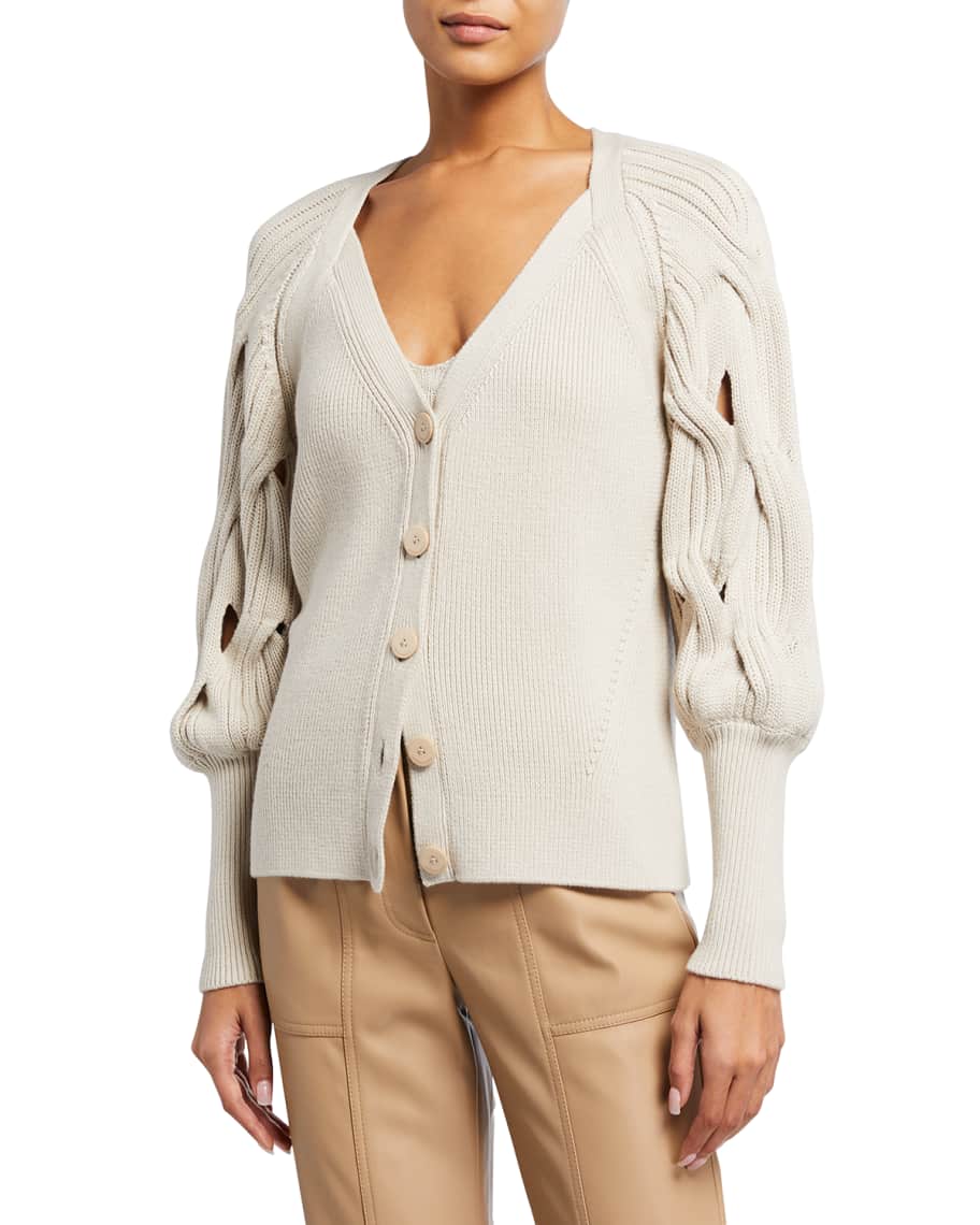 SIMKHAI Kinley Open-Cable-Knit Puff-Sleeve Cardigan | Neiman Marcus