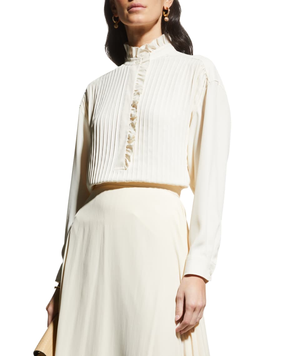 Tory Burch Deneuve Ruffle-Collar Pintucked Blouse | Neiman Marcus