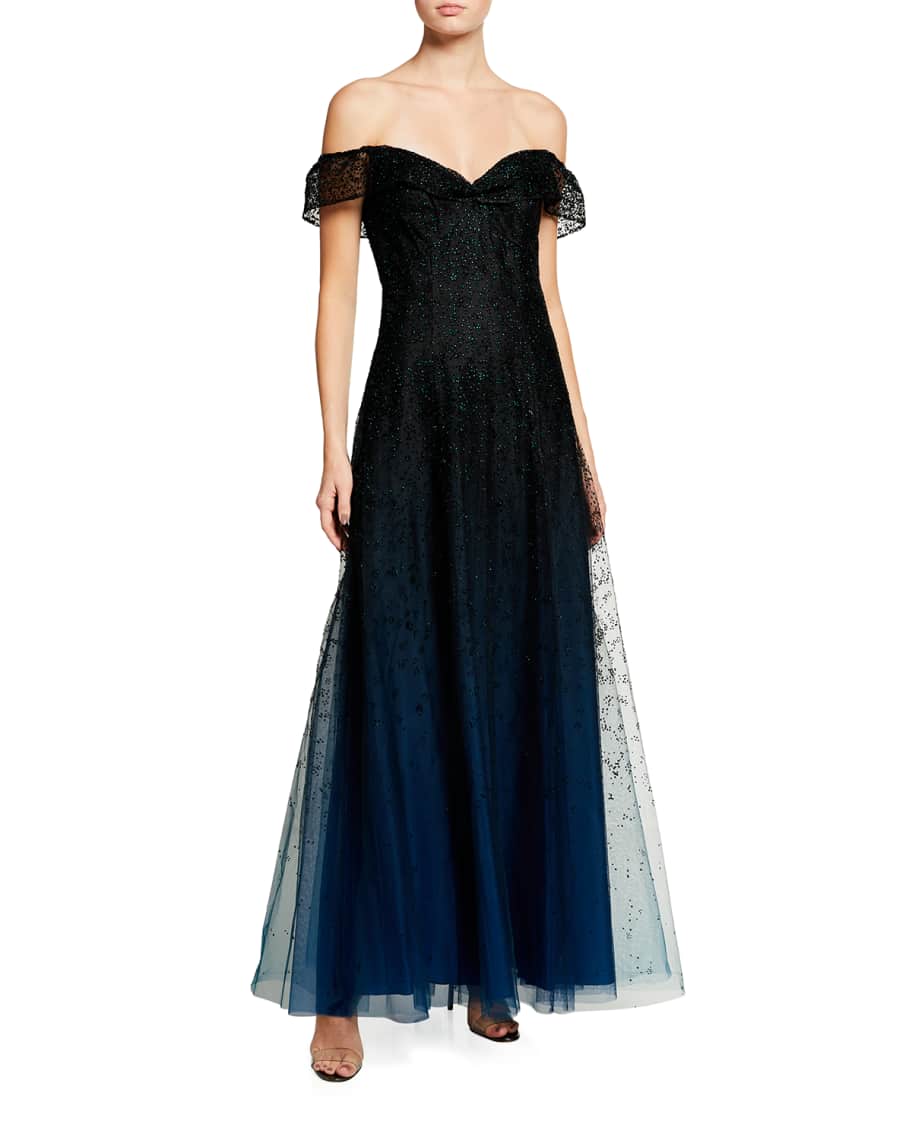 Marchesa Notte Ombre Glitter Tulle Off-The-Shoulder A-Line Gown