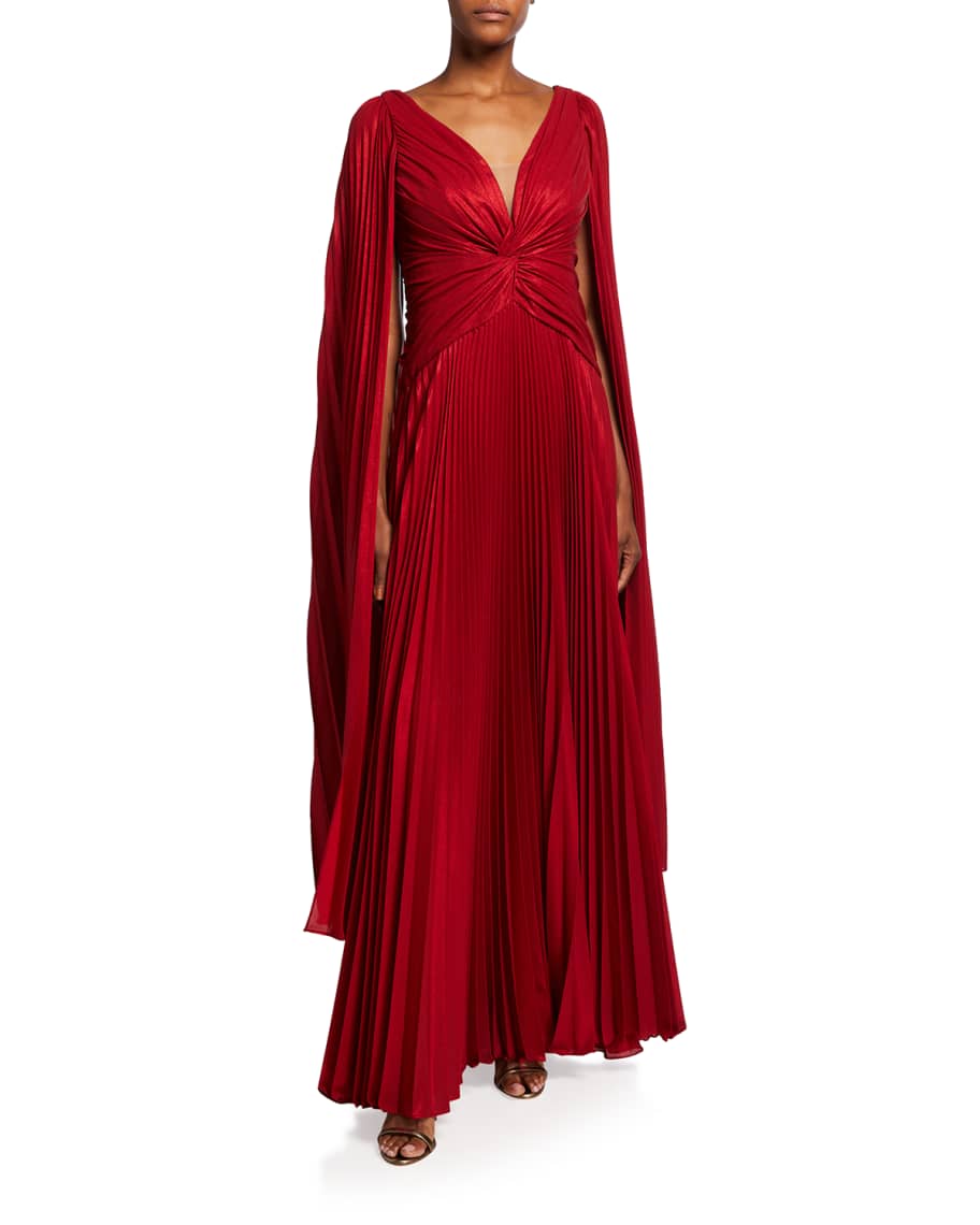 Marchesa Notte V-Neck Cape-Sleeve Pleated Lame Chiffon Gown | Neiman Marcus