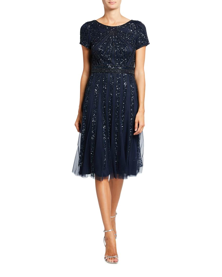 Aidan Mattox Short-Sleeve Beaded Tulle Cocktail Dress | Neiman Marcus