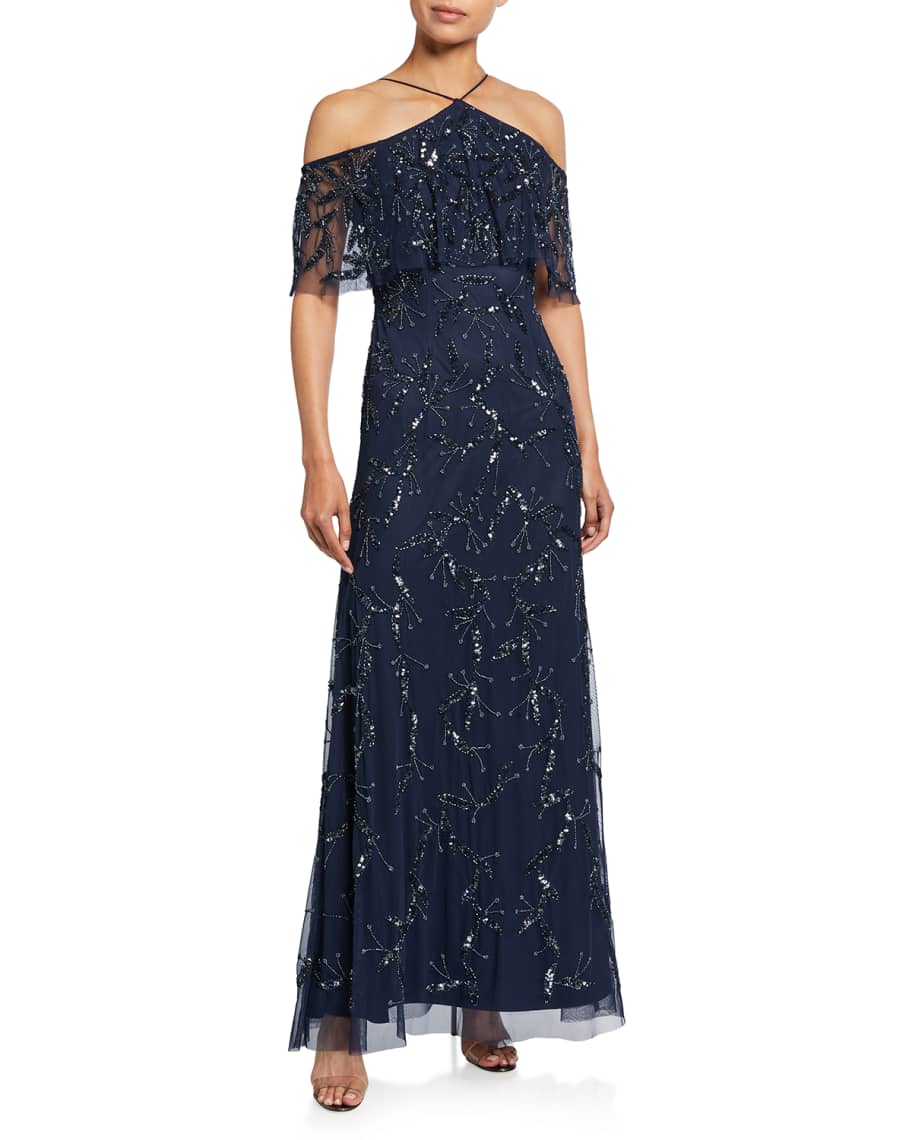 Aidan Mattox Fully Beaded Cold Shoulder Halter Gown Neiman Marcus