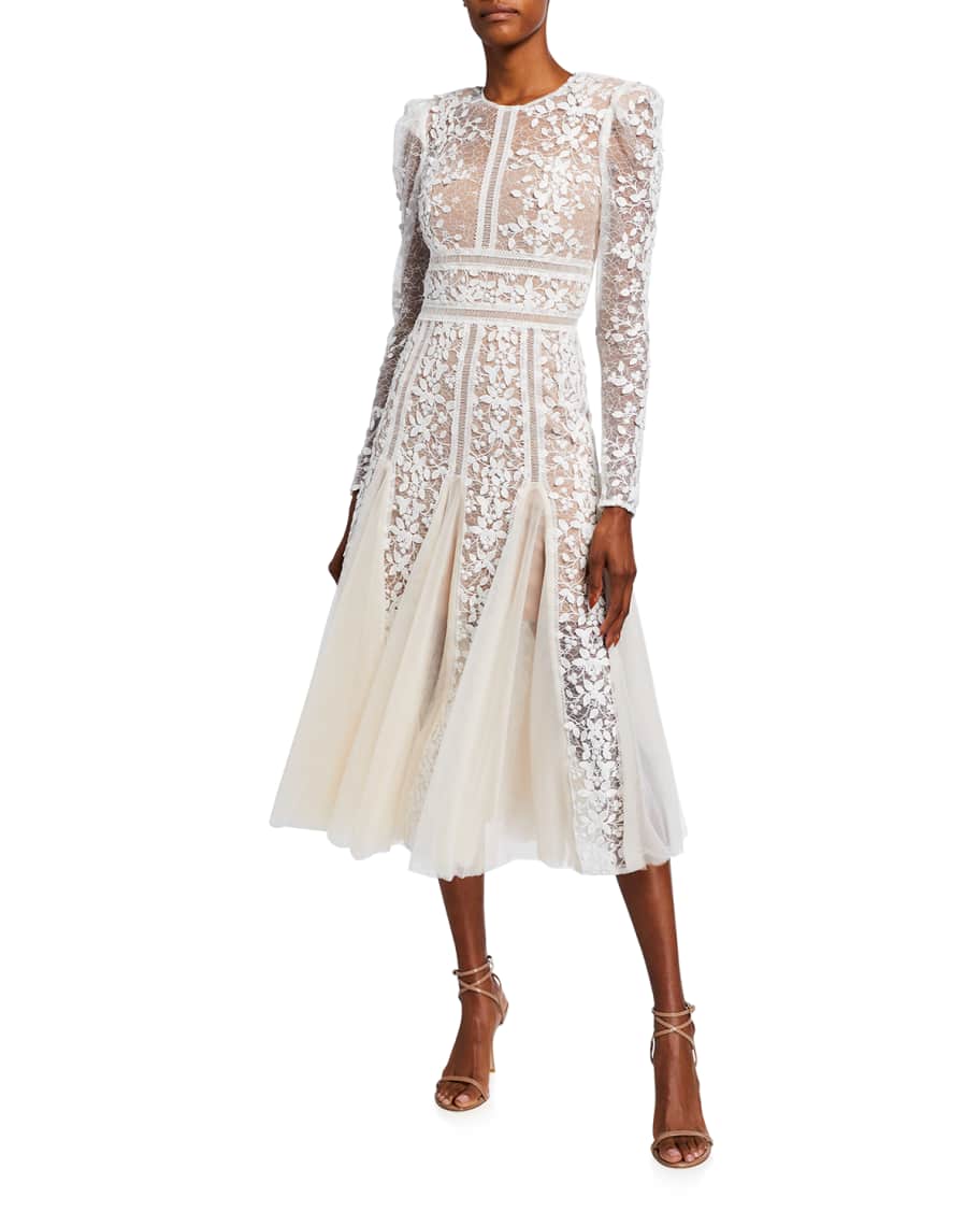 Bronx and Banco Megan Long-Sleeve Lace Overlay Midi Godet Dress | Neiman  Marcus