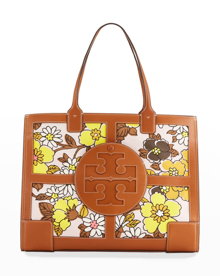 Tory Burch Ella Floral-Printed Quadrant Canvas and Leather Tote